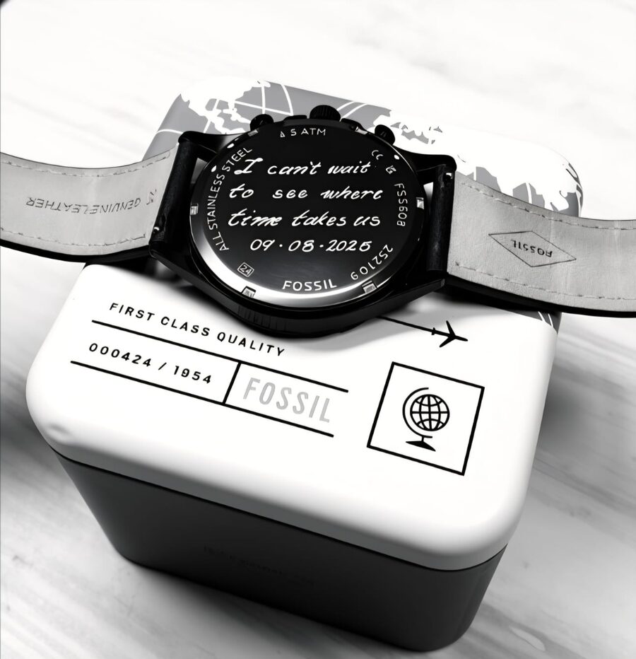 Fossil watch case back engraved with a personal message and date